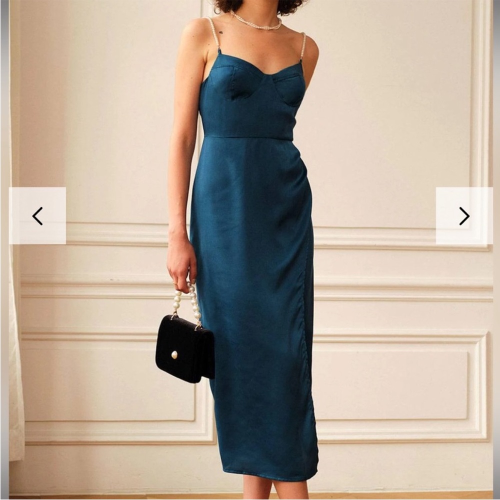 Rihoas- Size L, Elegant Pearl-Strapped, Teal, Tulip-skirt Dress